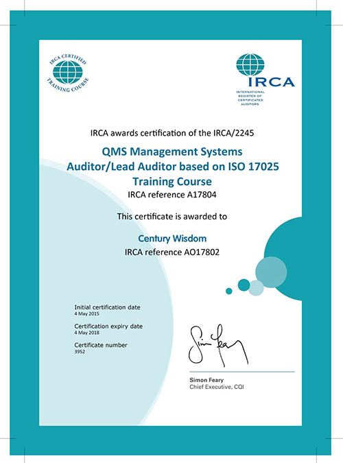 IRCA 审核心员培训授权证书